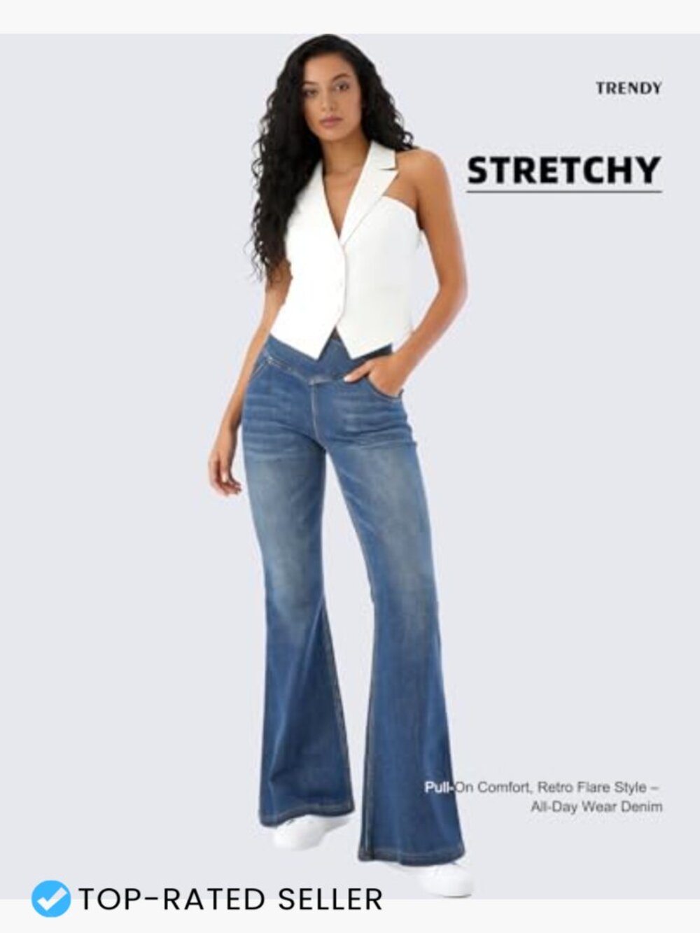 Bell Bottom Jeans High Waisted Stretchy Flare Pull On Wide Leg with Pockets - Picture 4 of 6